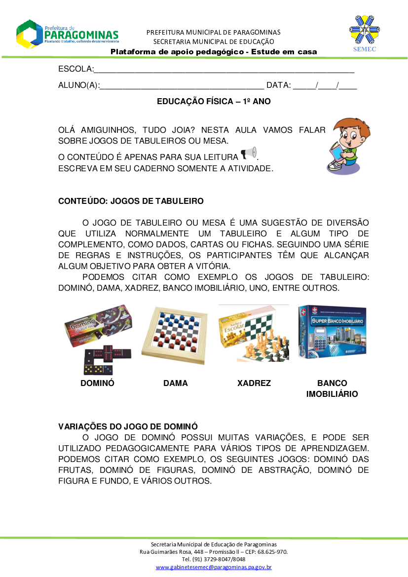 AULA 003 - EDUCAÇÃO FÍSICA - 4º ANO - JOGOS DE TABULEIRO - DAMA - Baixar  pdf de