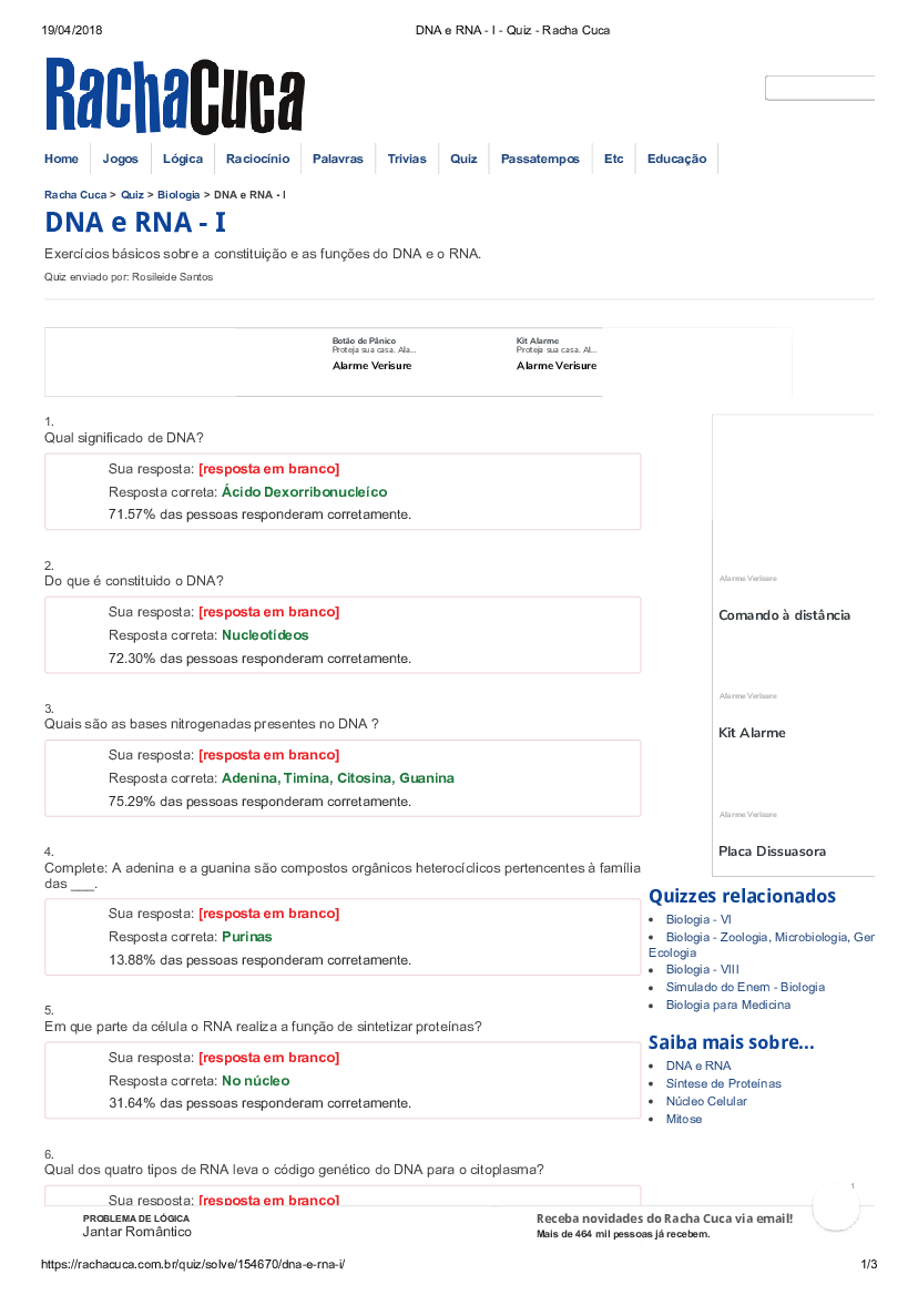 Quizzes sobre Biologia - Racha Cuca