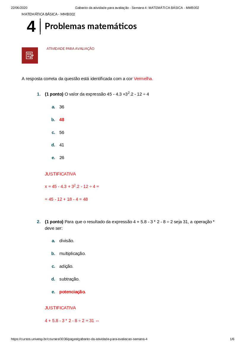 UNIVESP - Semana 2 - Quiz Objeto Educacional - Matemática Básica - Matemática  Básica
