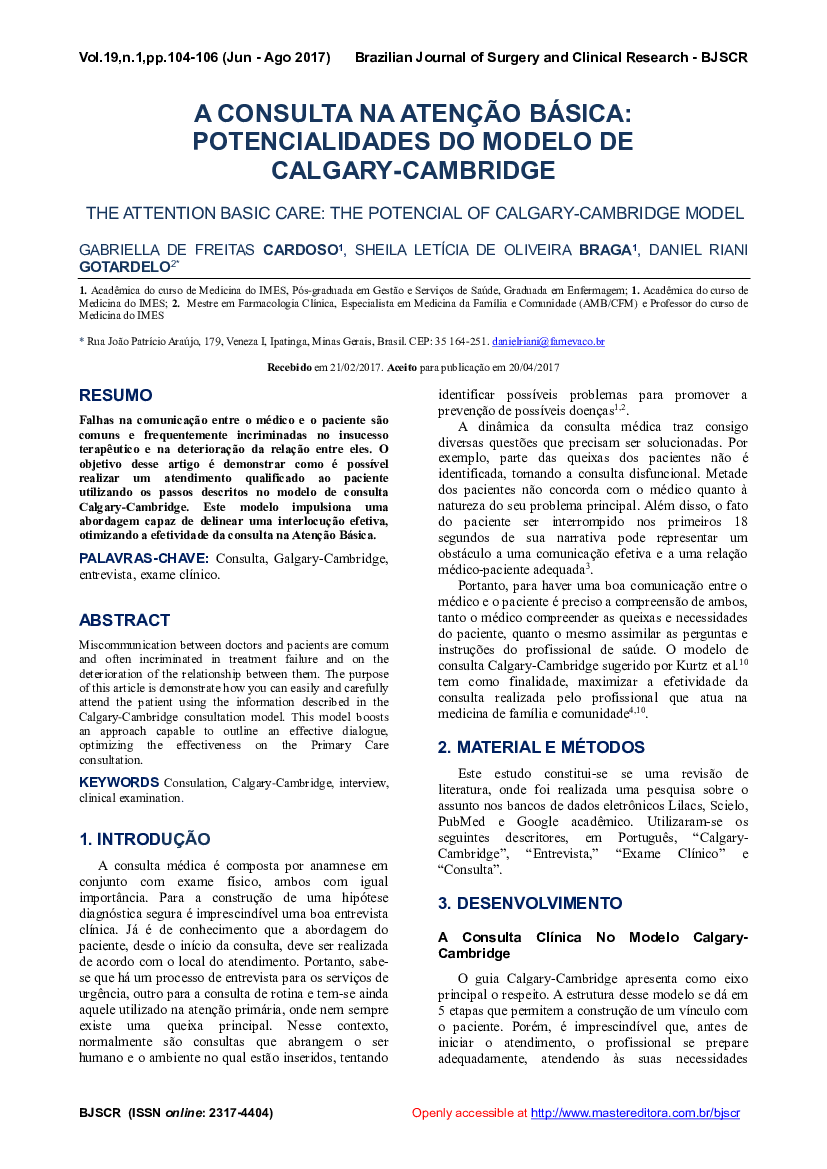 A CONSULTA NA ATENÇÃO BÁSICA- POTENCIALIDADES DO MODELO DE CALGARY-CAMBRIDGE  - Baixar pdf de 