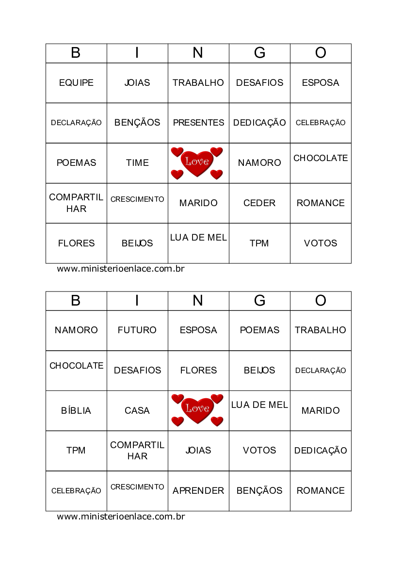104 Cartelas Bingo Do Amor Personalizado Pdf