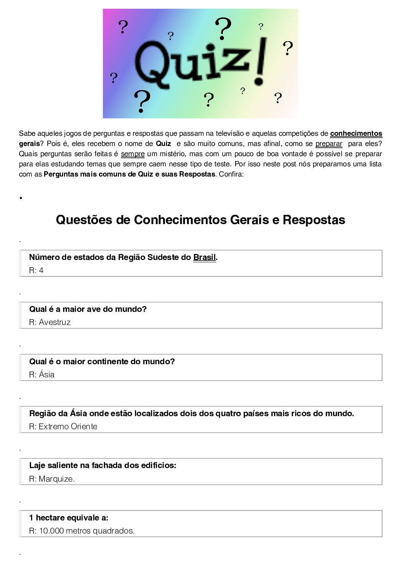Quiz, Perguntas de Conhecimentos Gerais com Respostas para Estudar - Baixar  pdf de